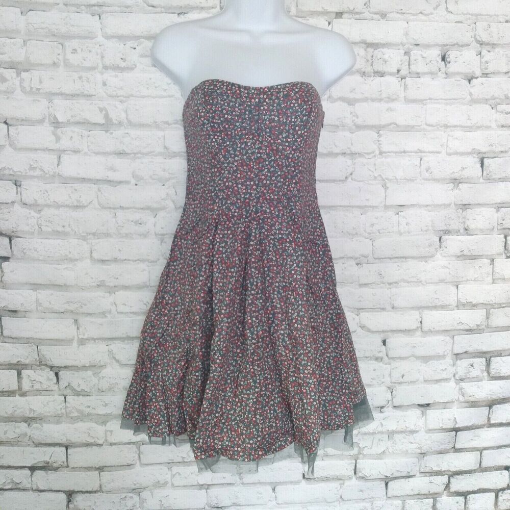 American Eagle Outfitters Dress Womens 6 Gray Floral Strapless Tulle Hem Dress
